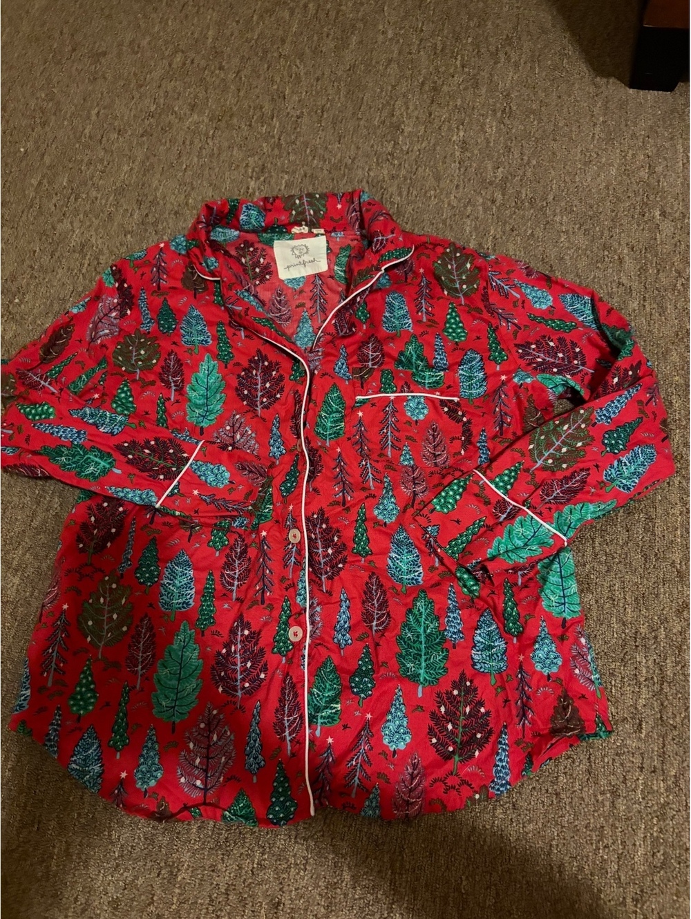 Print Fresh Women's Red Christmas tree Print Button-Up Shirt Size Small